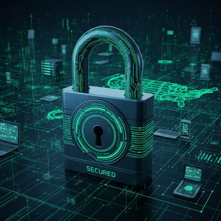 Advanced digital padlock symbolizing 2026 cybersecurity software trends for U.S. businesses