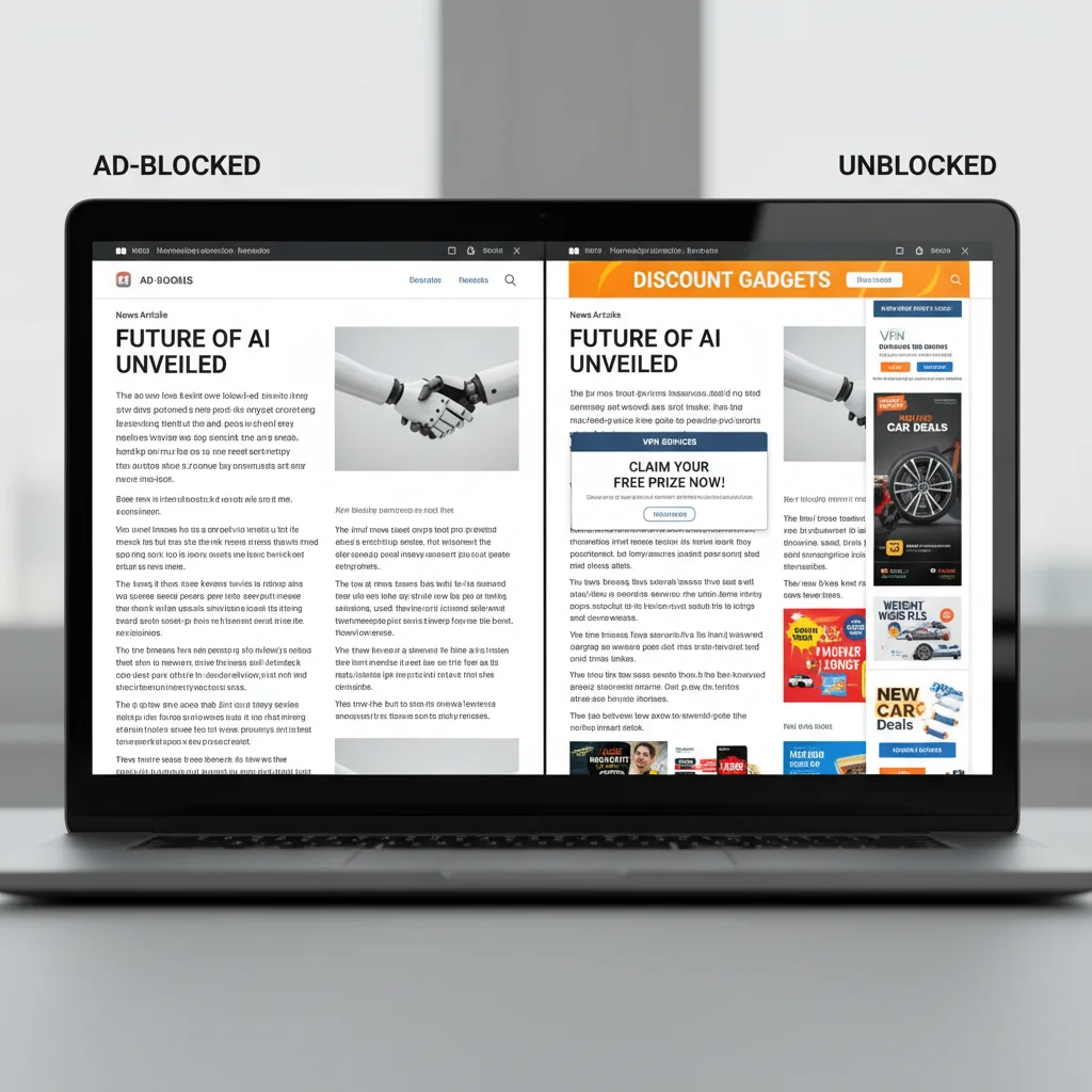 Comparison of a clean, ad-free webpage next to a cluttered, ad-filled webpage
