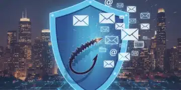 Shield guarding email icons from phishing hook, representing advanced email security.