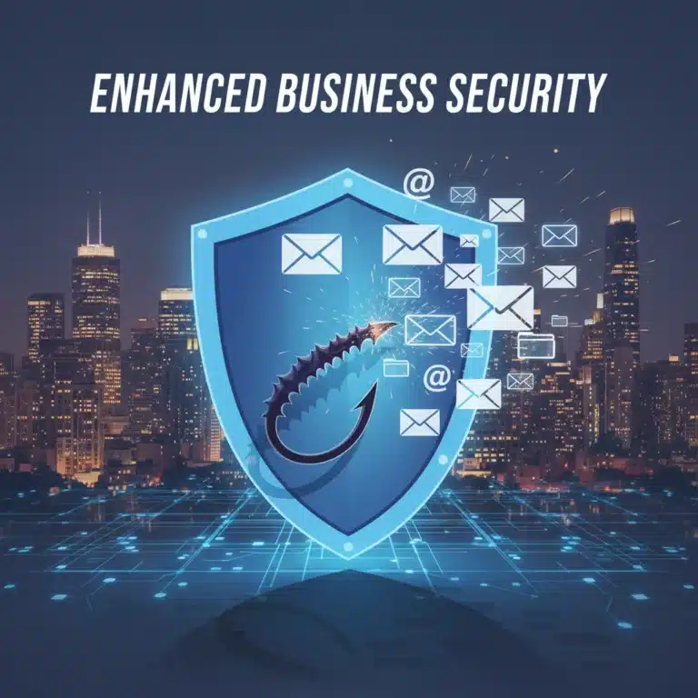 Shield guarding email icons from phishing hook, representing advanced email security.