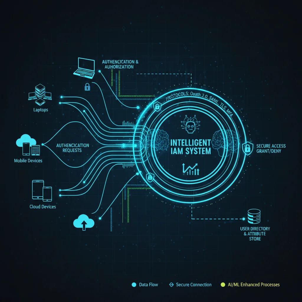 Complex network diagram illustrating advanced IAM access control and data flow