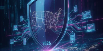 Futuristic digital shield protecting a network, symbolizing advanced threat protection for US businesses in 2026.