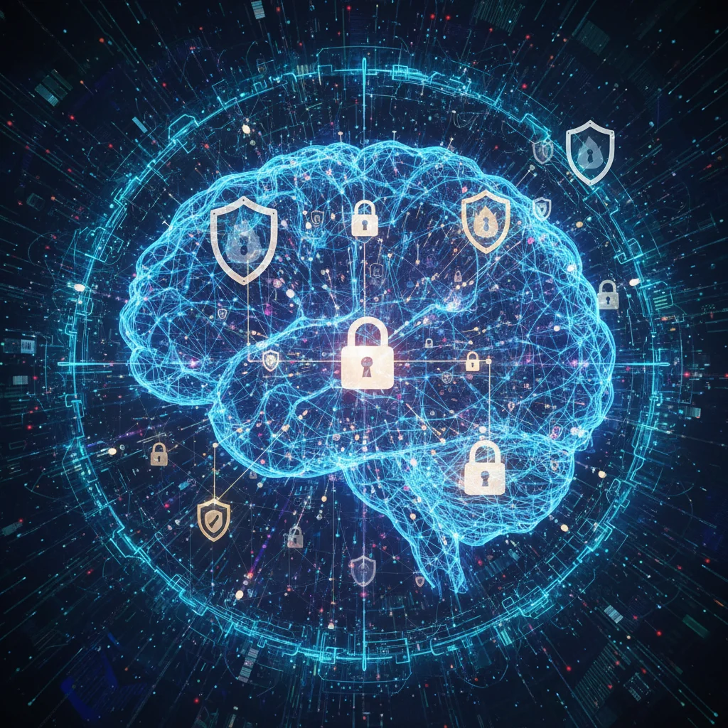 Artificial intelligence enhancing cybersecurity defenses with neural networks and security icons