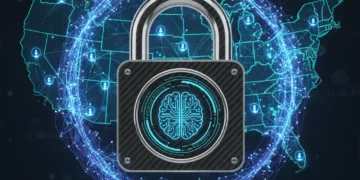 Digital padlock with AI neural network, symbolizing advanced cybersecurity for U.S. businesses against AI threats.