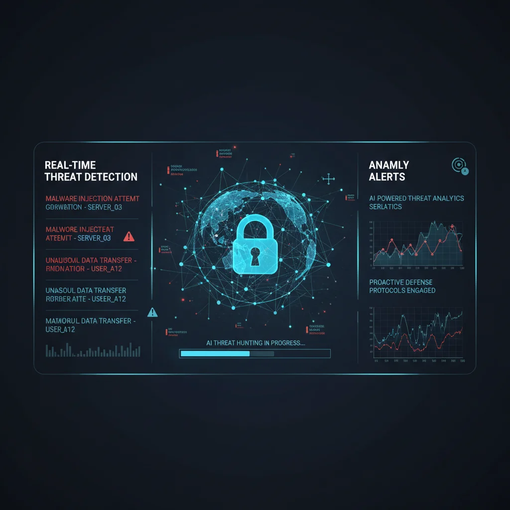 AI-powered cybersecurity dashboard showing real-time threat detection and anomaly alerts.