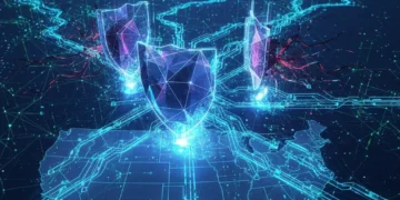 AI algorithms actively defending U.S. digital infrastructure from cyber threats, symbolizing advanced machine learning in cybersecurity.