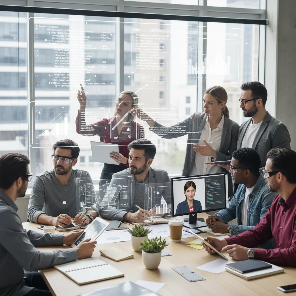 Team collaborating with AI tools in a modern office environment.