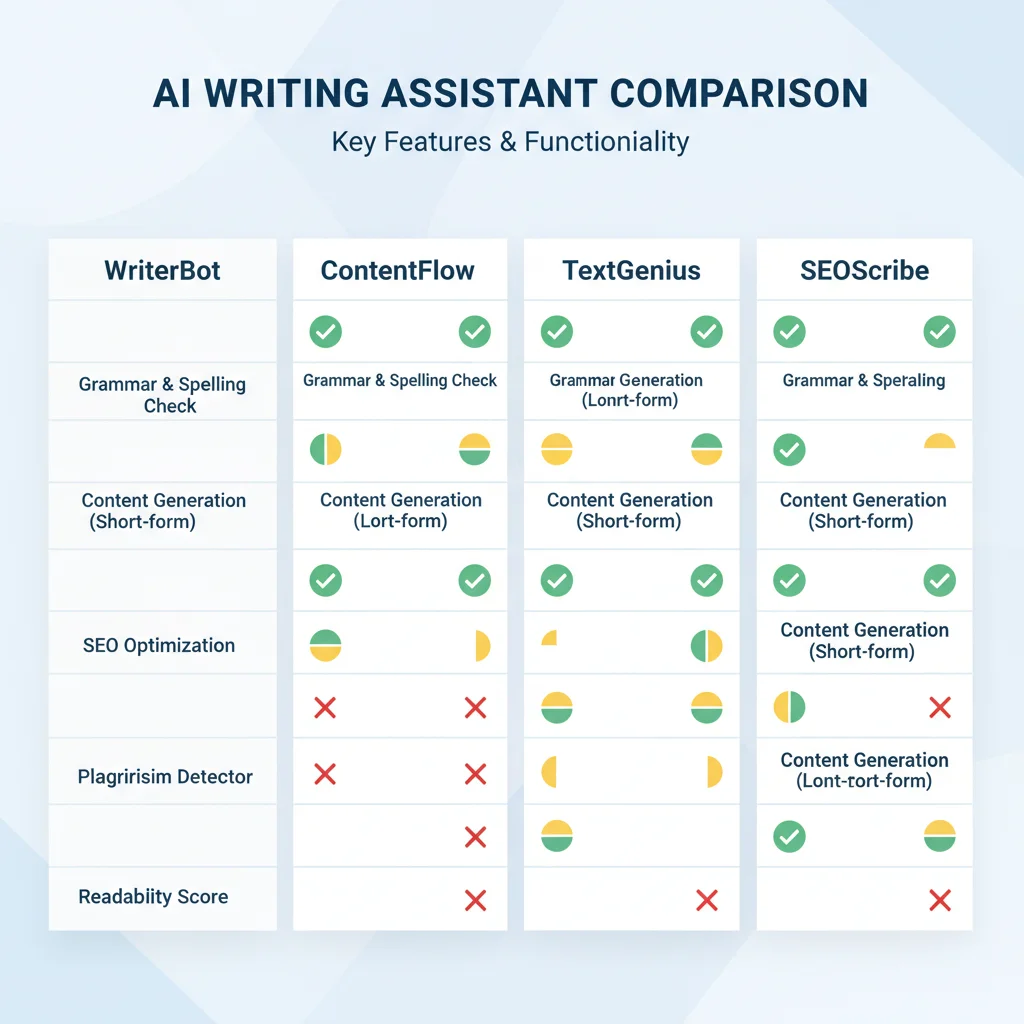 Infographic comparing features and benefits of various AI writing assistants, highlighting key functionalities like grammar, content generation, and SEO.