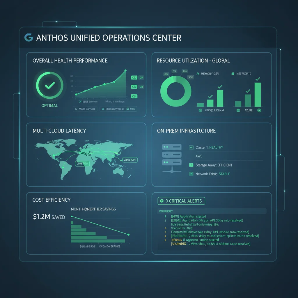 Anthos dashboard showing unified visibility and control across hybrid and multi-cloud environments.