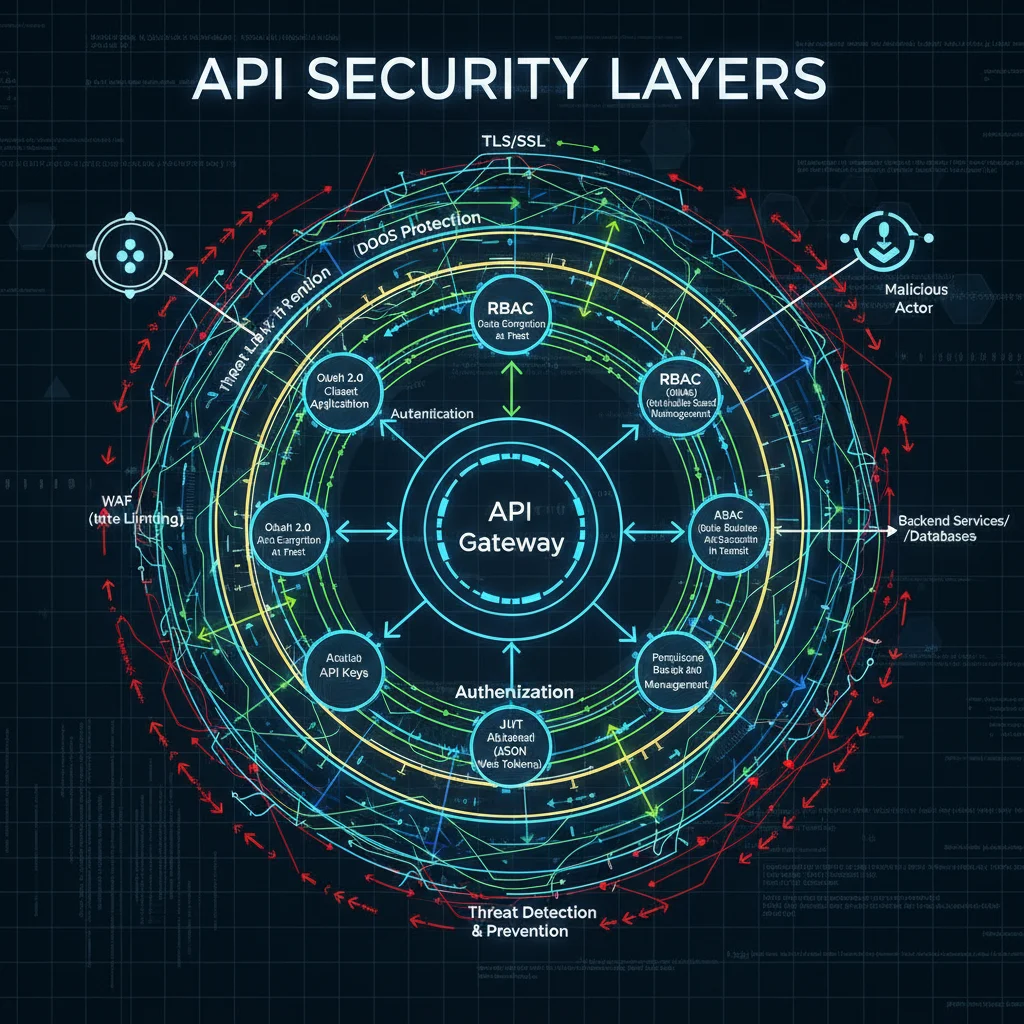 Diagram showing multi-layered API security architecture with authentication, authorization, and threat detection.