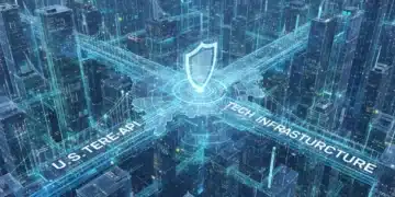 Futuristic digital cityscape with secure API connections and cyber protection for U.S. developers.