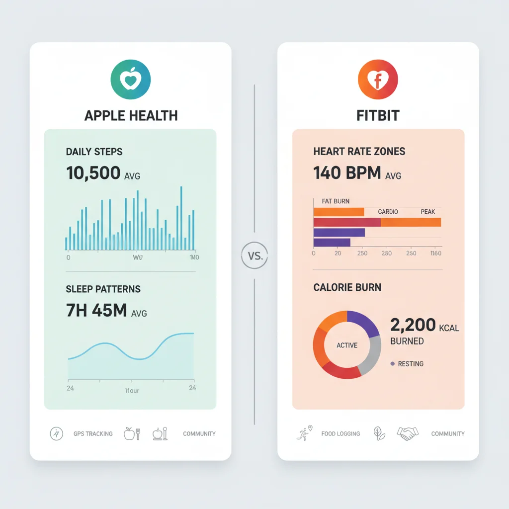 Infographic comparing data visualization and user interfaces of two popular fitness tracking apps, highlighting key features like step tracking and heart rate monitoring.