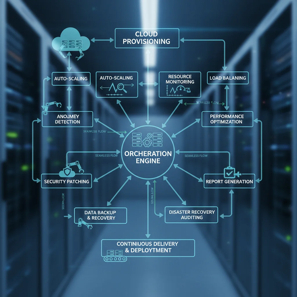 Automated cloud processes flowchart with robotic arms