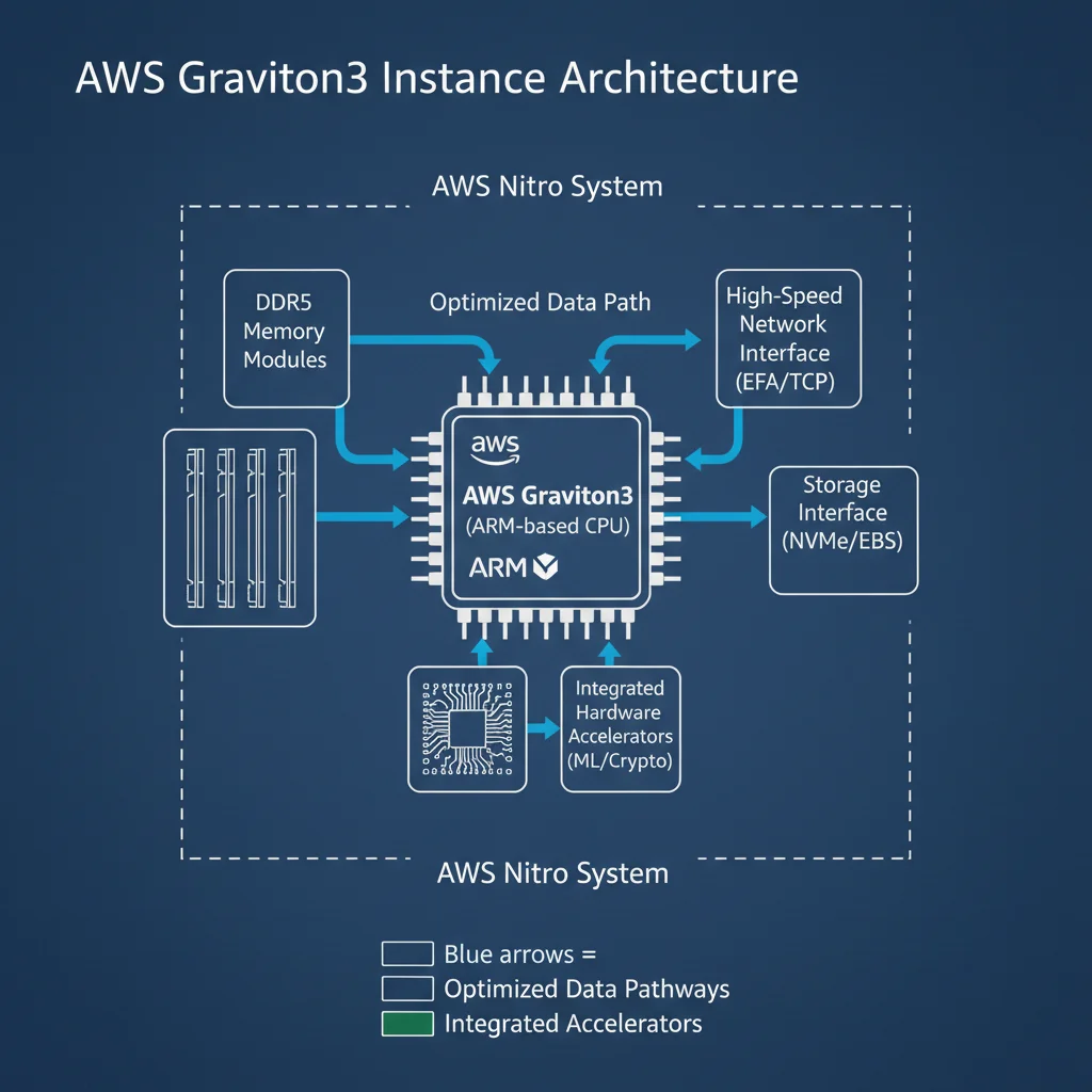 Architectural diagram of an AWS Graviton3 instance showing CPU, memory, and network