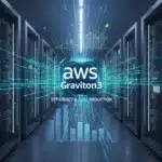AWS Graviton3 logo over a futuristic data center background with cost reduction charts