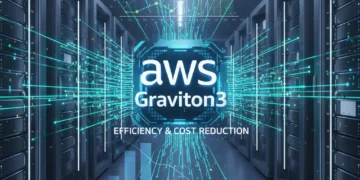 AWS Graviton3 logo over a futuristic data center background with cost reduction charts
