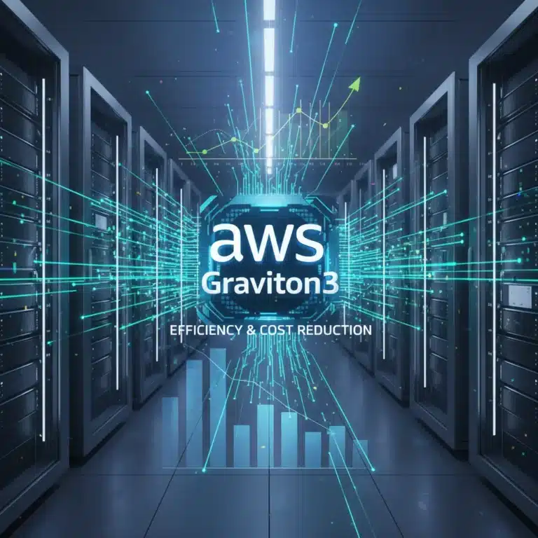 AWS Graviton3 logo over a futuristic data center background with cost reduction charts