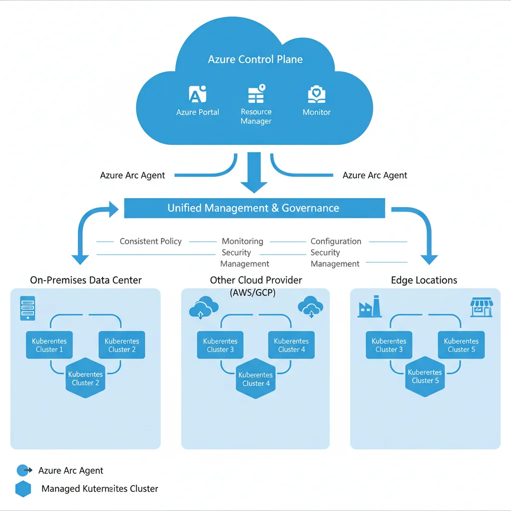 Diagram showing Azure Arc managing multiple Kubernetes clusters across hybrid environments.