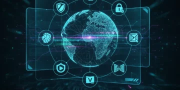 Futuristic digital interface showing best VPN apps for 2026 with secure data flow