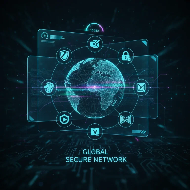 Futuristic digital interface showing best VPN apps for 2026 with secure data flow