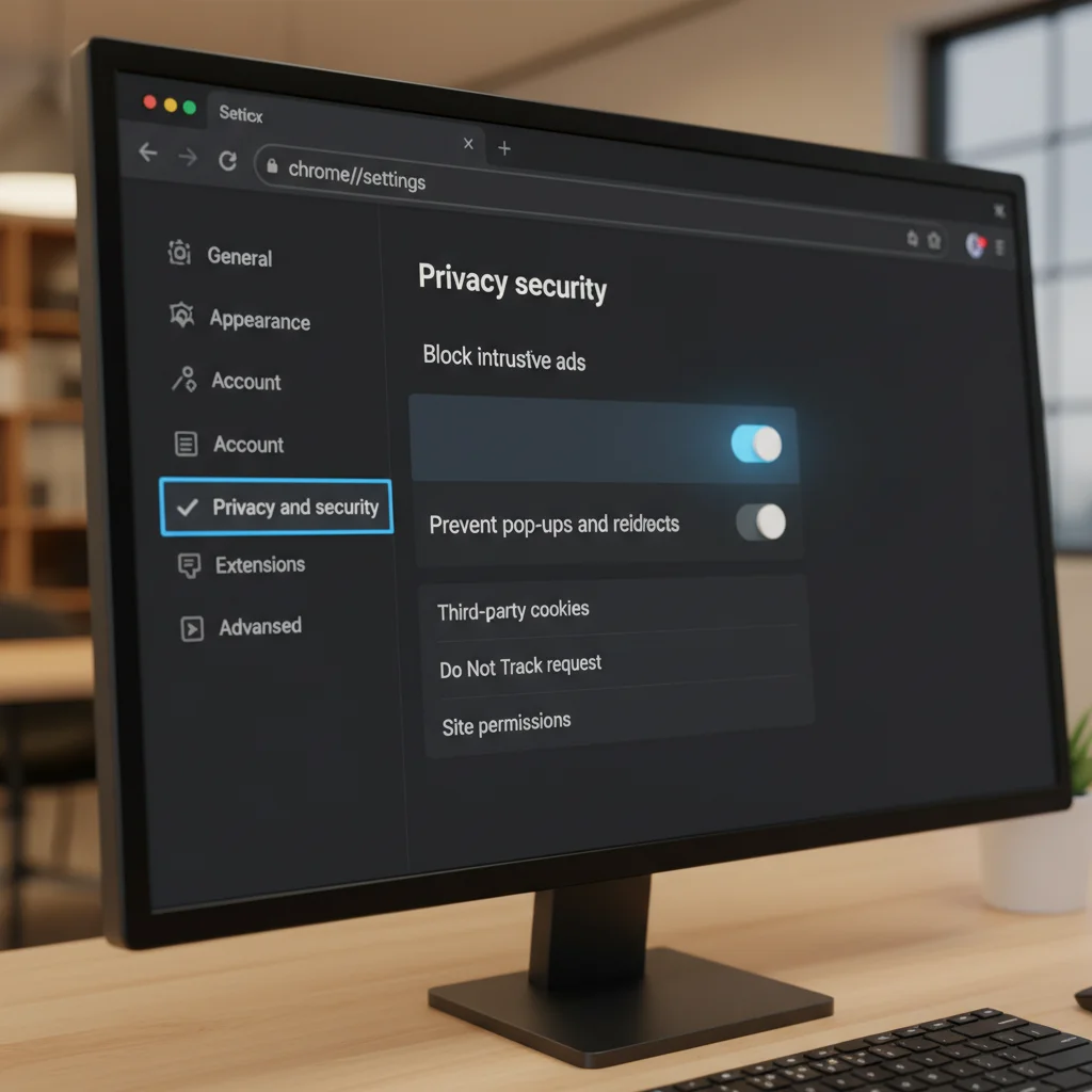 Browser settings menu showing privacy and security options for ad blocking