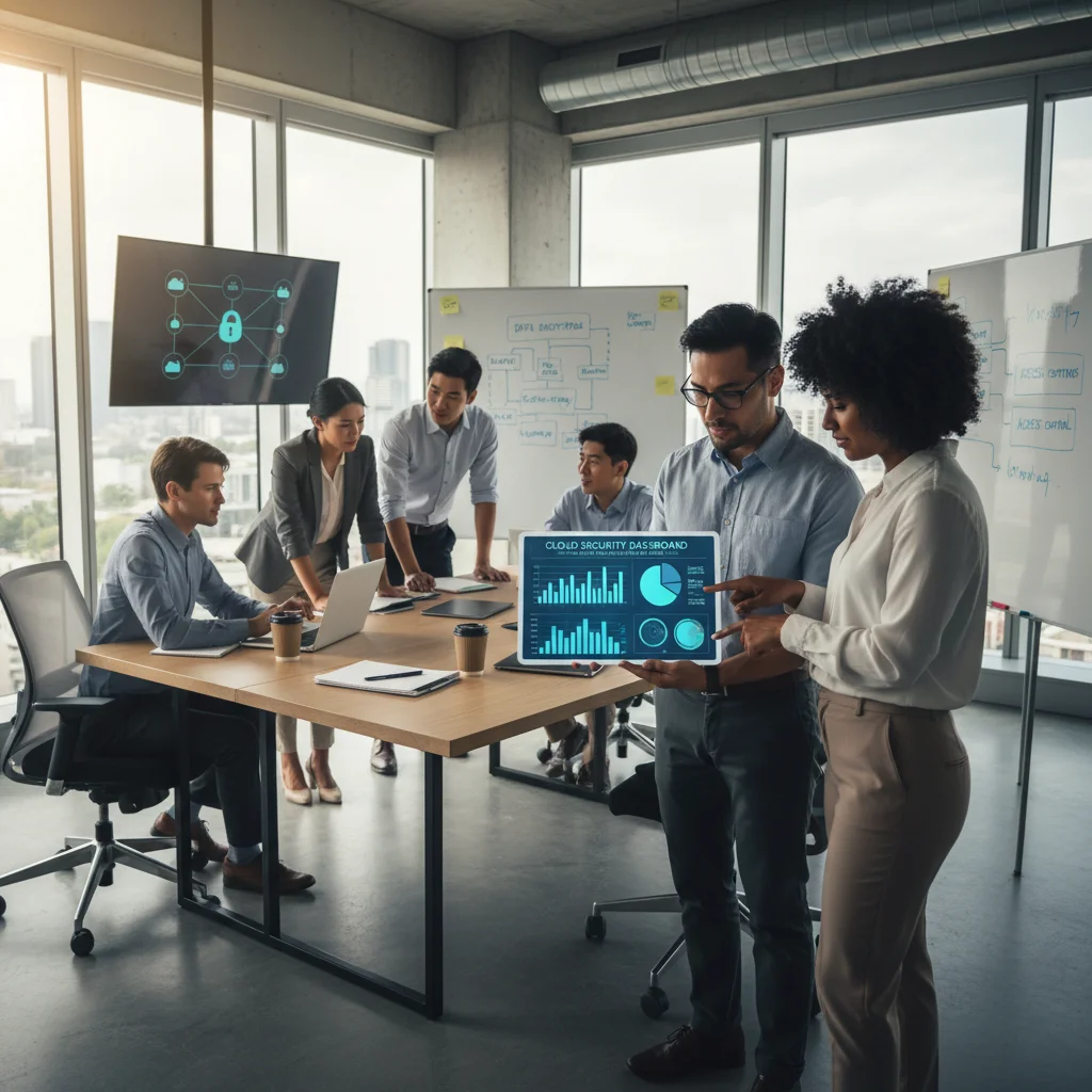 Business professionals collaborating on cybersecurity strategy, reviewing data on a tablet, symbolizing human involvement in cloud security software implementation.