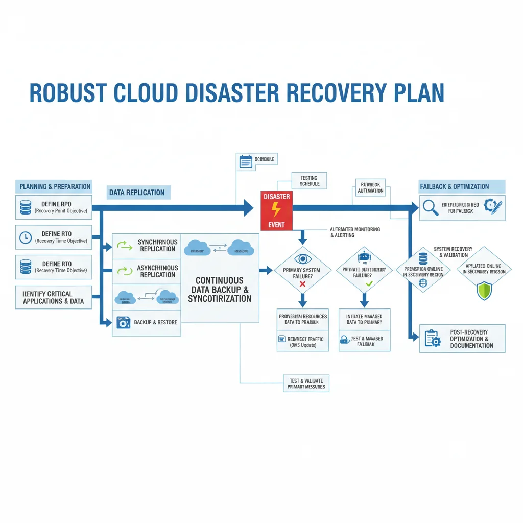 Detailed flowchart of a comprehensive cloud disaster recovery plan and its operational stages.