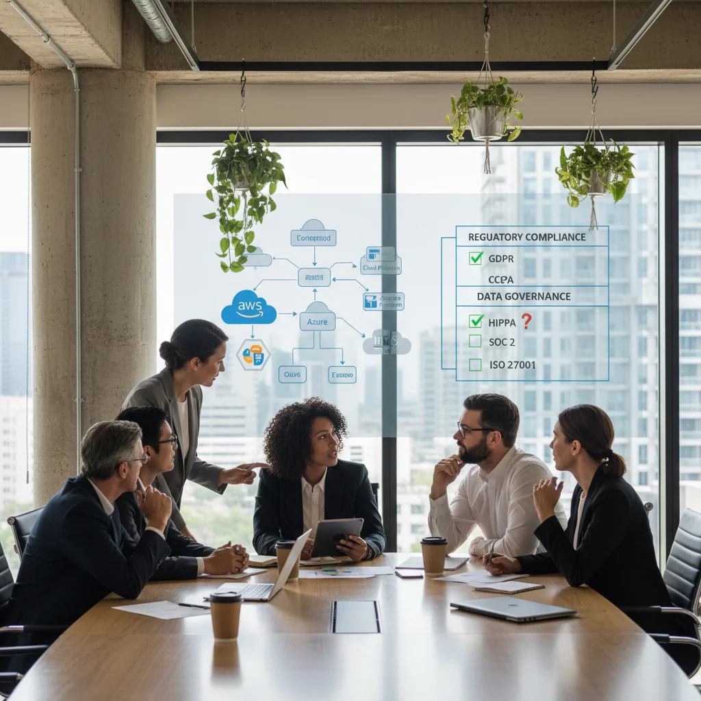 Business team strategizing cloud data compliance and governance