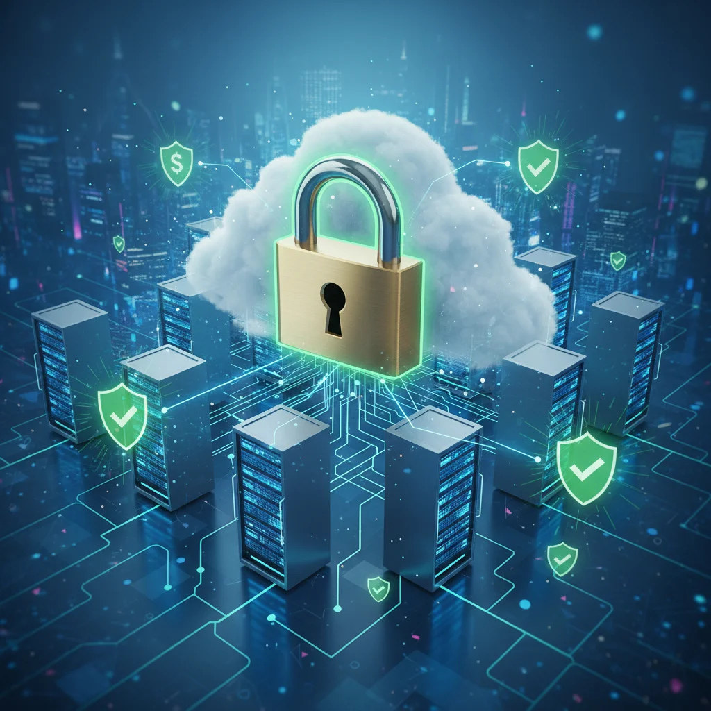 Data encryption and security padlock over cloud servers