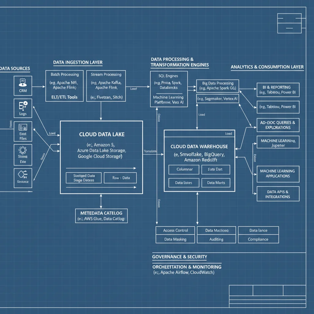 Diagram of a modern cloud data warehouse architecture showing data flow and components.