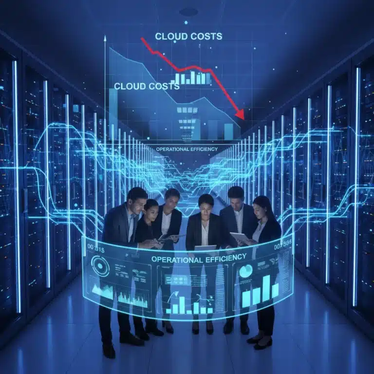 Financial charts showing cost reduction over a cloud data center, symbolizing Cloud FinOps governance success.