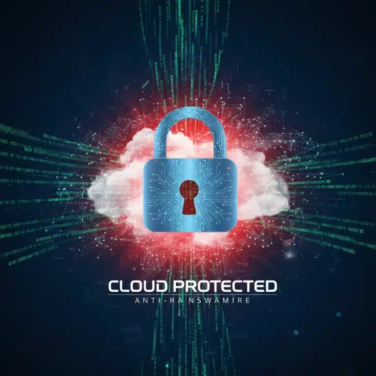 Digital lock icon over cloud network, symbolizing cloud ransomware protection