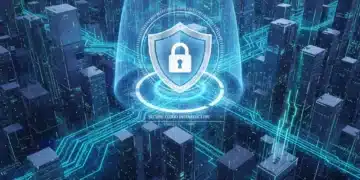 Futuristic cityscape with secure cloud data streams and a digital shield icon representing advanced cloud security software in 2026.