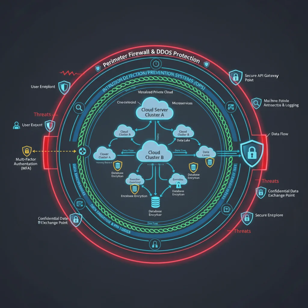 Intricate network diagram illustrating interconnected cloud servers with multiple layers of cloud security software protection.
