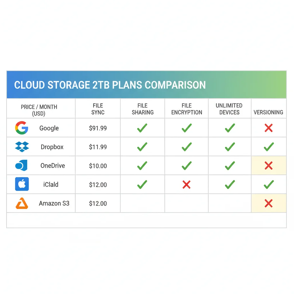 Comparison chart of various cloud storage providers and their 2TB plans.