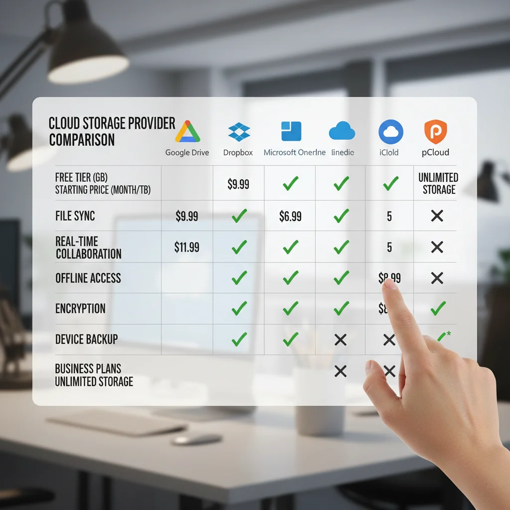 Comparison table of popular cloud storage providers with features