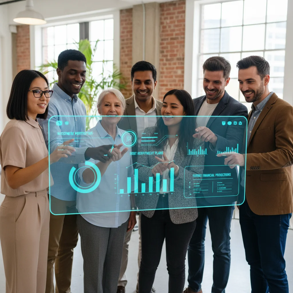 Diverse group reviewing financial data on a large screen, utilizing robust budgeting tools for collaborative financial planning.