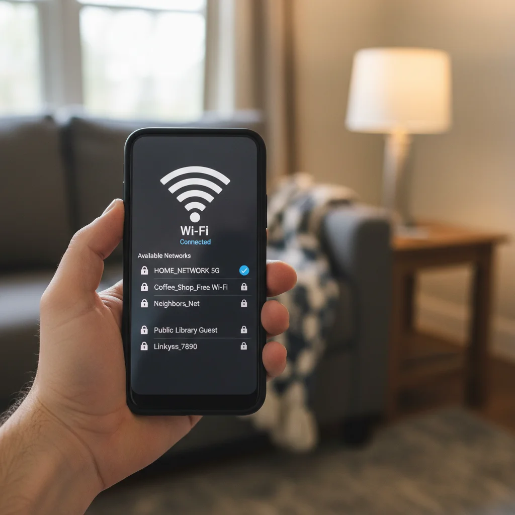 Mão segurando smartphone mostrando configurações de Wi-Fi com sinal forte.