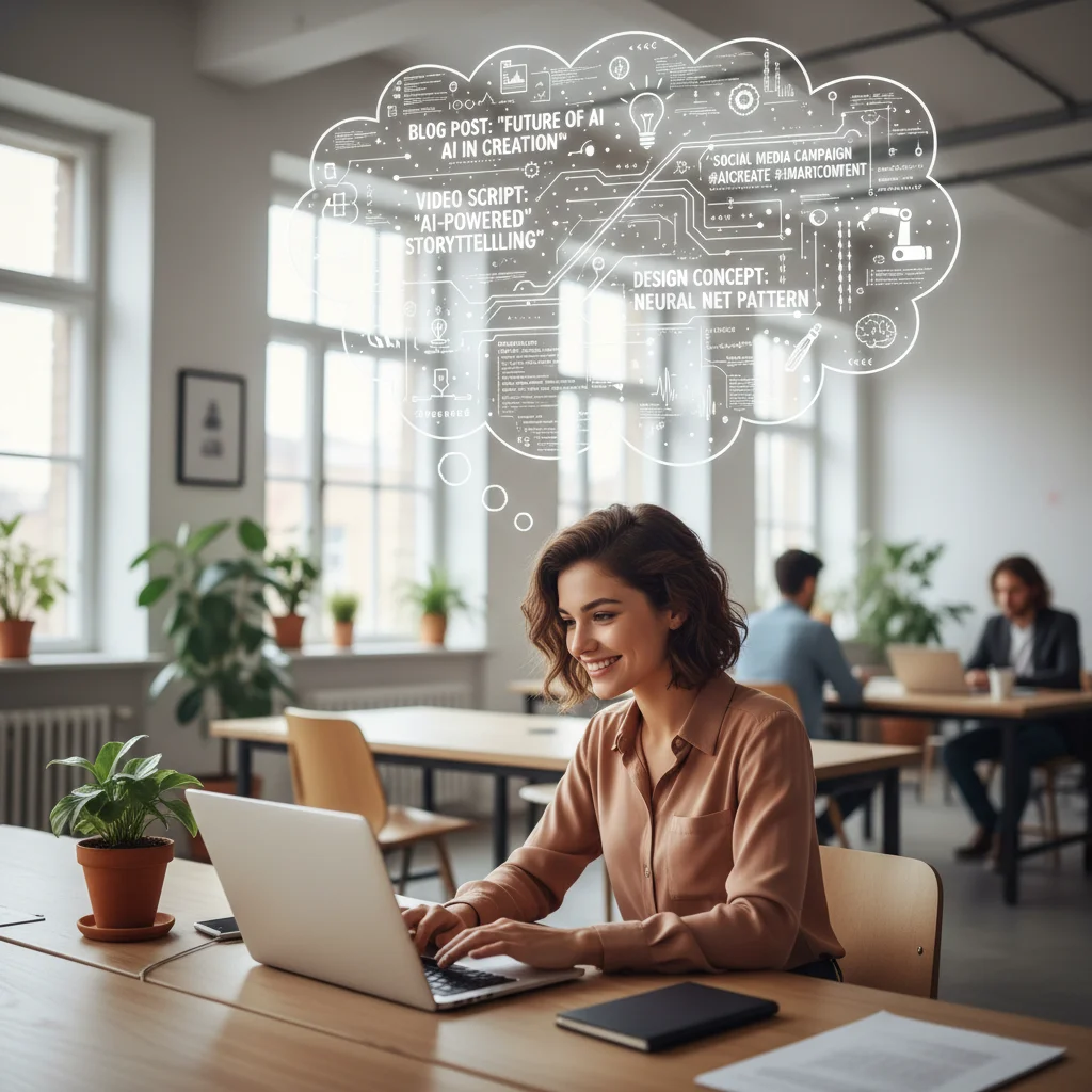 Content creator happily using AI writing tools on a laptop, demonstrating increased productivity and creative flow in a modern office environment.