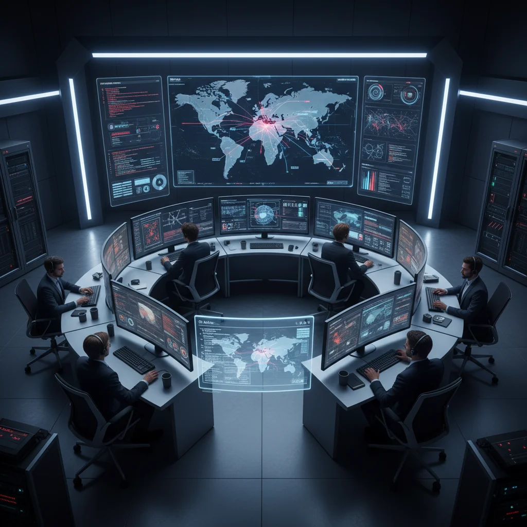 Cybersecurity team monitoring real-time threat intelligence in a security operations center.