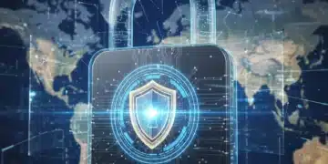 Advanced cybersecurity shield protecting a U.S. business network in 2026