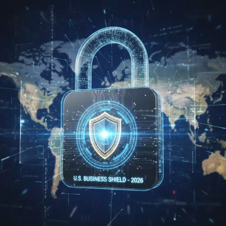 Advanced cybersecurity shield protecting a U.S. business network in 2026