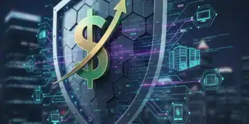 Digital shield protecting business network from cyber threats, symbolizing cybersecurity investment.