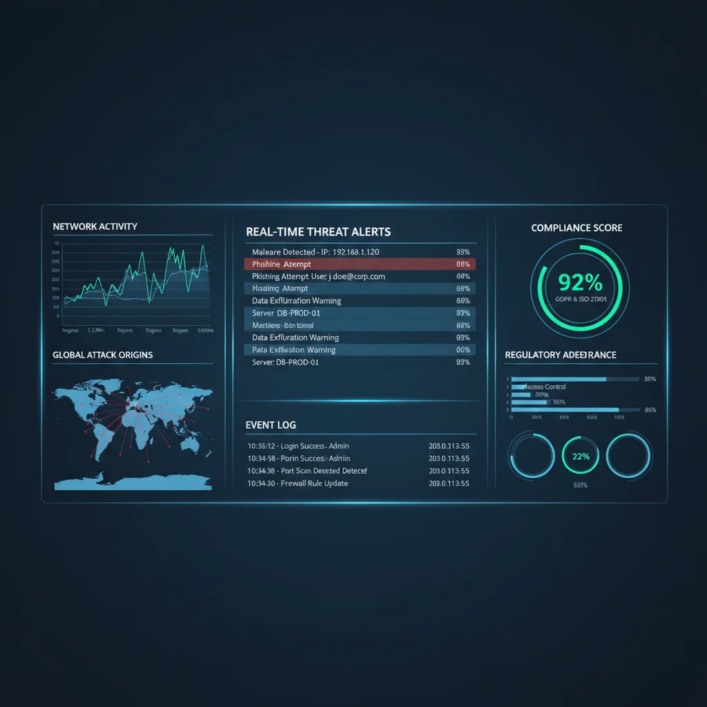 Cybersecurity dashboard with real-time threat alerts and compliance scores