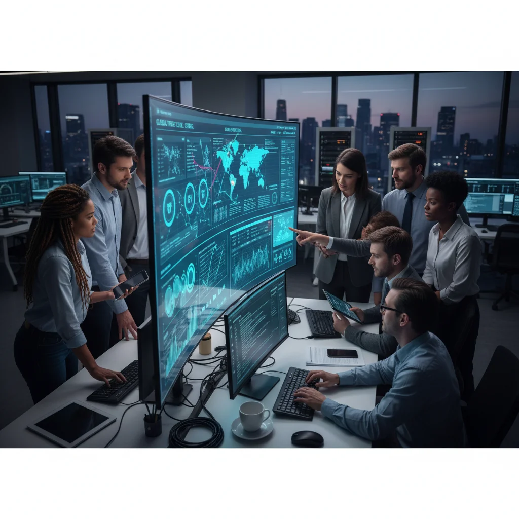 Cybersecurity team collaborating on a digital dashboard, analyzing security metrics and implementing enterprise software.