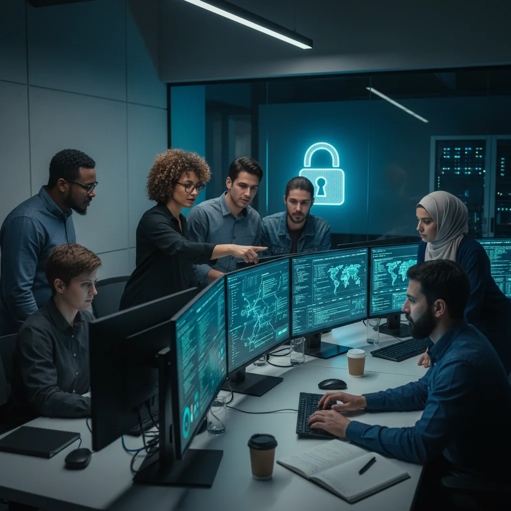 Cybersecurity team collaborating in a modern office, analyzing threat intelligence.