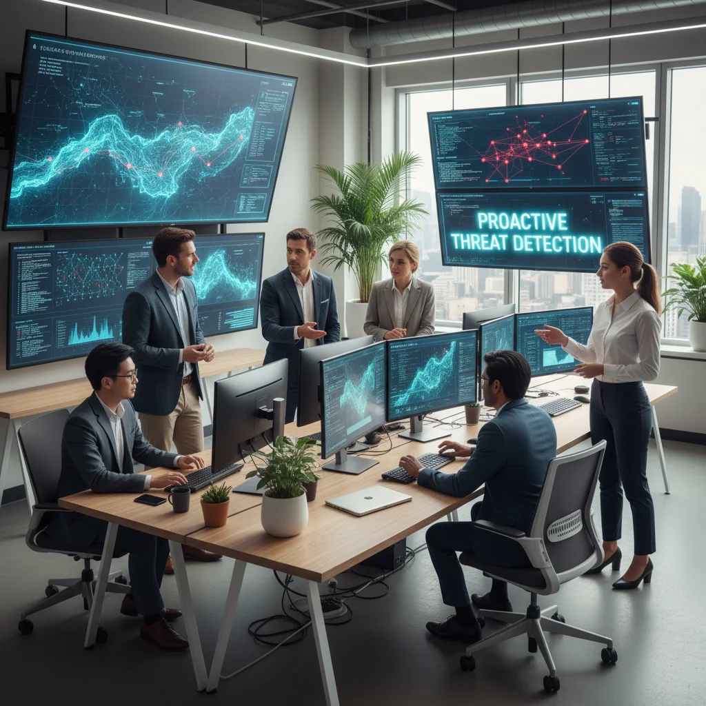 Cybersecurity team collaborating on threat detection in a modern office, monitoring network activity.
