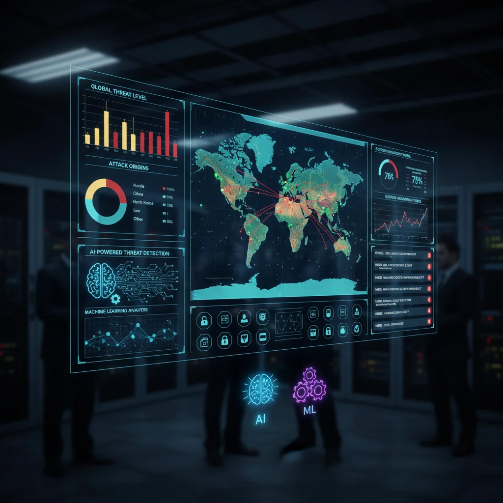 Cybersecurity dashboard with real-time threat intelligence and AI/ML indicators.