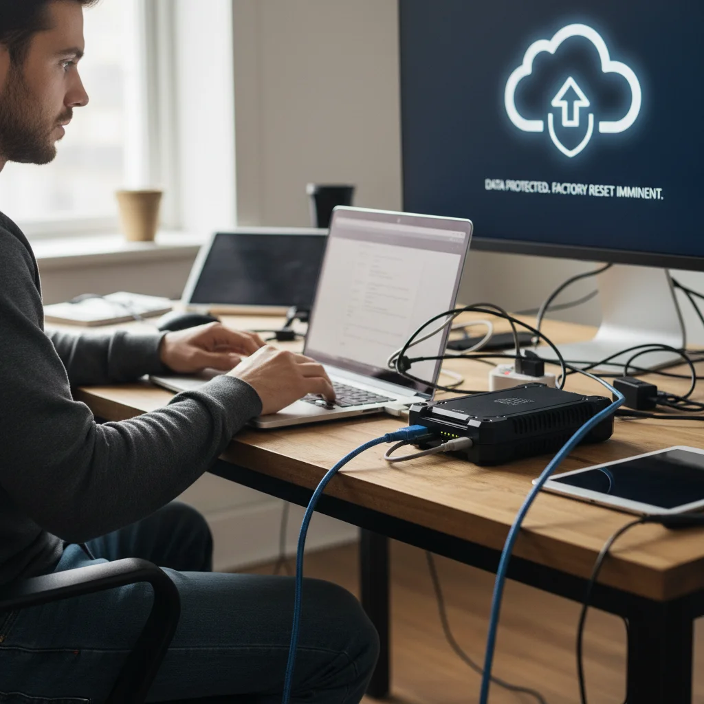 Person backing up laptop data to external hard drive