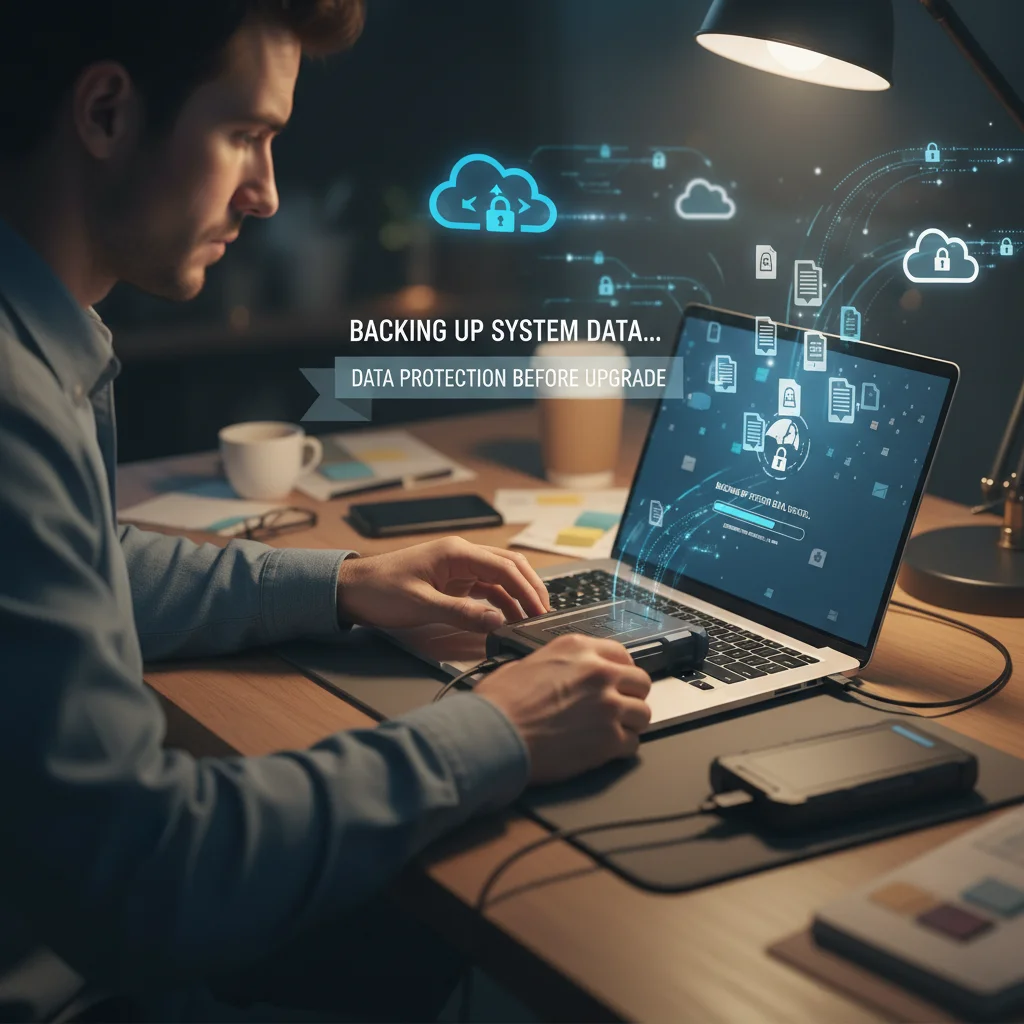 Person backing up data to external hard drive and cloud